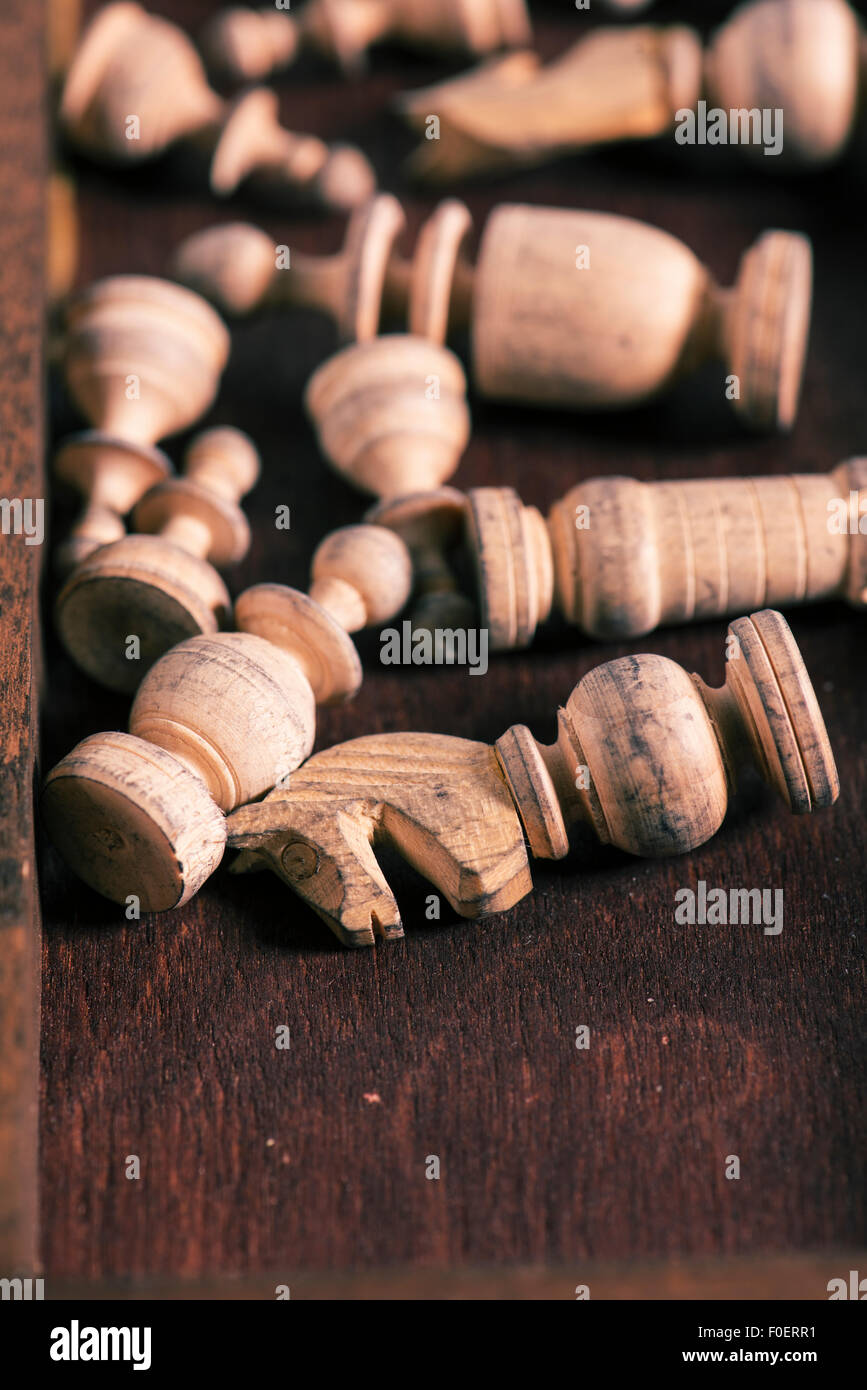 Chess pieces in wooden box. Conceptual image of strategy and competition. Stock Photo