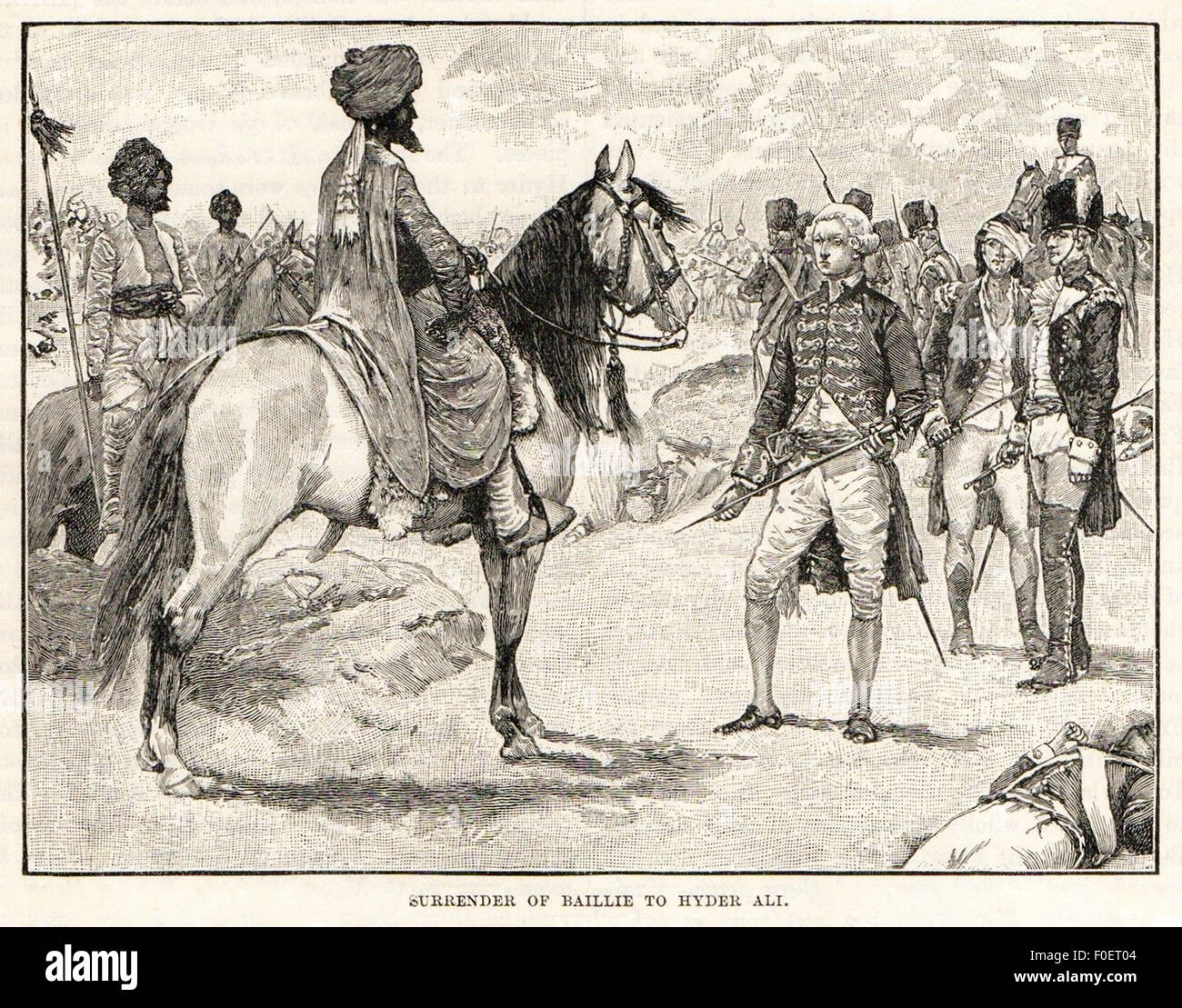 'Surrender of Baillie to Hyder Ali' - Colonel William Baille of the British East India Company surrendering his sword to Hyder Ali after the Battle of Polliur on 10 September 1780 (Baille died in captivity in 1782 in Seringapatam where a memorial was built). The Mysore rockets used during the battle were much more advanced than the British East India Company had previously seen, chiefly because of the use of iron tubes for holding the propellant; this enabled higher thrust and longer range for the missile. See description for more information. Stock Photo