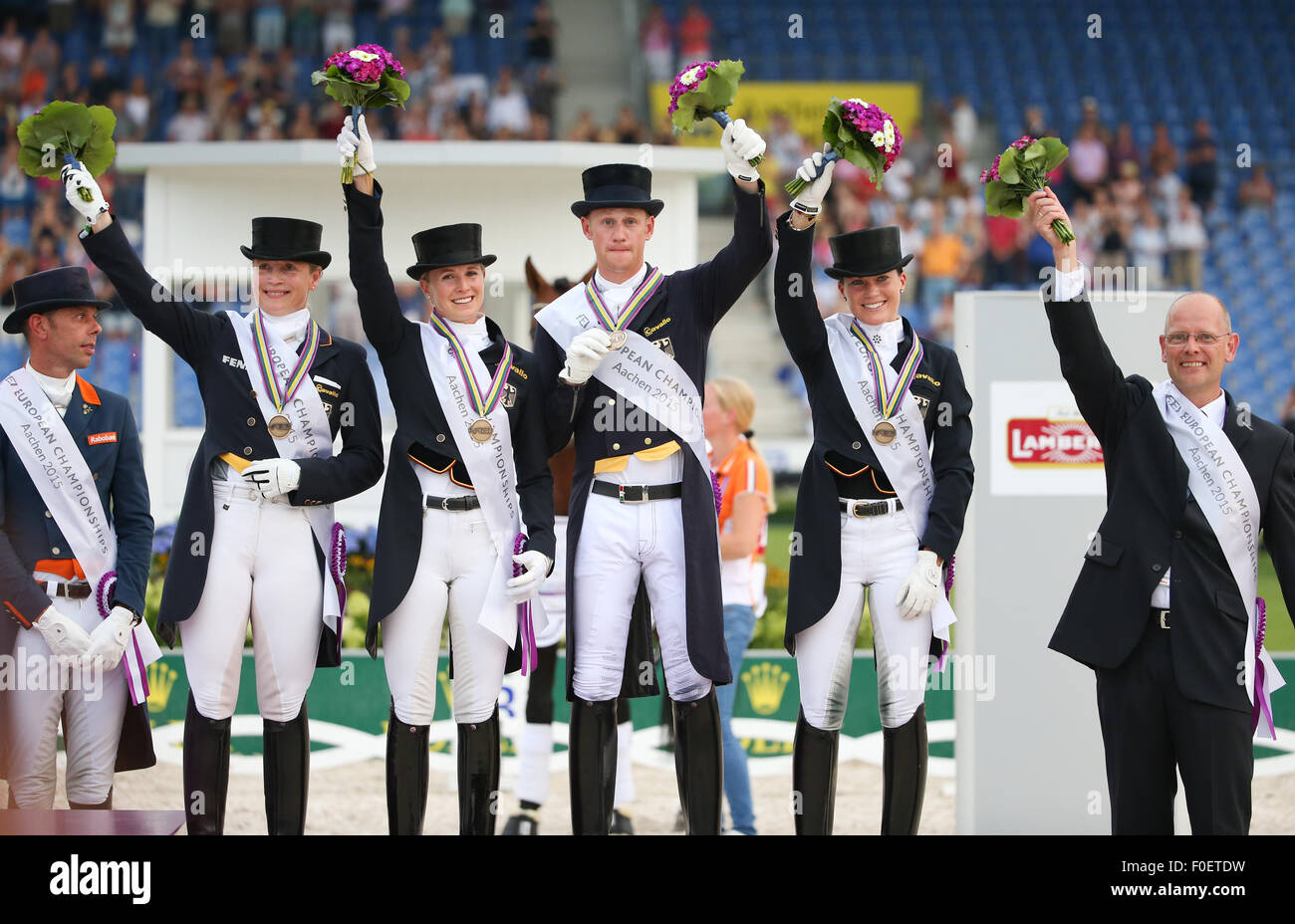 Aachen, Germany. 13th Aug, 2015. Bronze medal winnner Isabell Werth (L ...