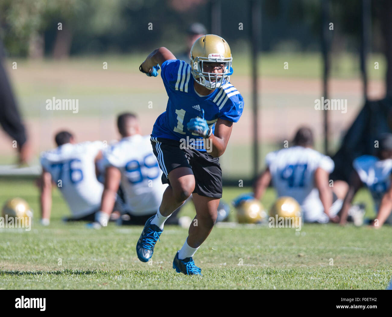San Bernardino, CA. 10th Aug, 2015. UCLA receiver (15) Aaron Sharp ...