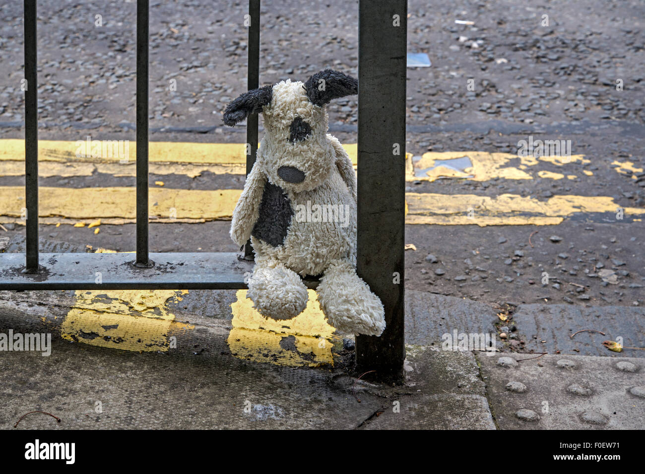 A child's lost cuddly toy dog sitting on railings waiting to be found. Stock Photo