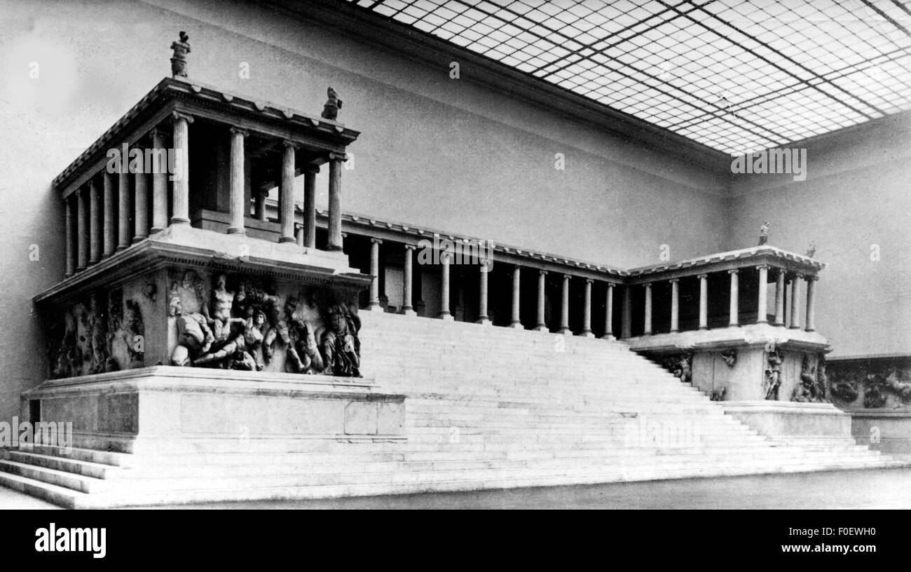 geography / travel,Germany,Berlin,museum,Pergamon Museum,Pergamum altar,by Carl Humann,reconstructed in the late 19th century,later photograph,altar of the Zeus and of the Athena,established 180 BC to honour the victory by King Attalos I of Pergamum,reconstruction,ancient world,ancient times,museum,museums,UNESCO world cultural heritage,world heritage,Museum Island,interior view,temple,temples,Central Germany,Germany,Central Europe,Europe,world heritage site,beadhouse,bedehouse,sacred building,sacred buildings,architecture,histor,Additional-Rights-Clearences-Not Available Stock Photo
