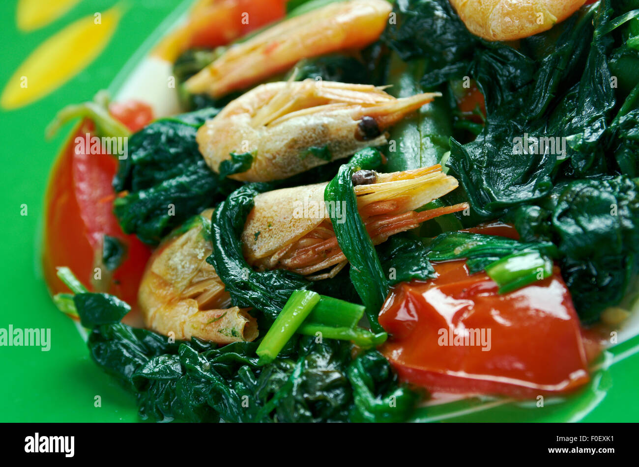 Jamaican Callaloo spinach with Shrimp popular Caribbean dish Stock
