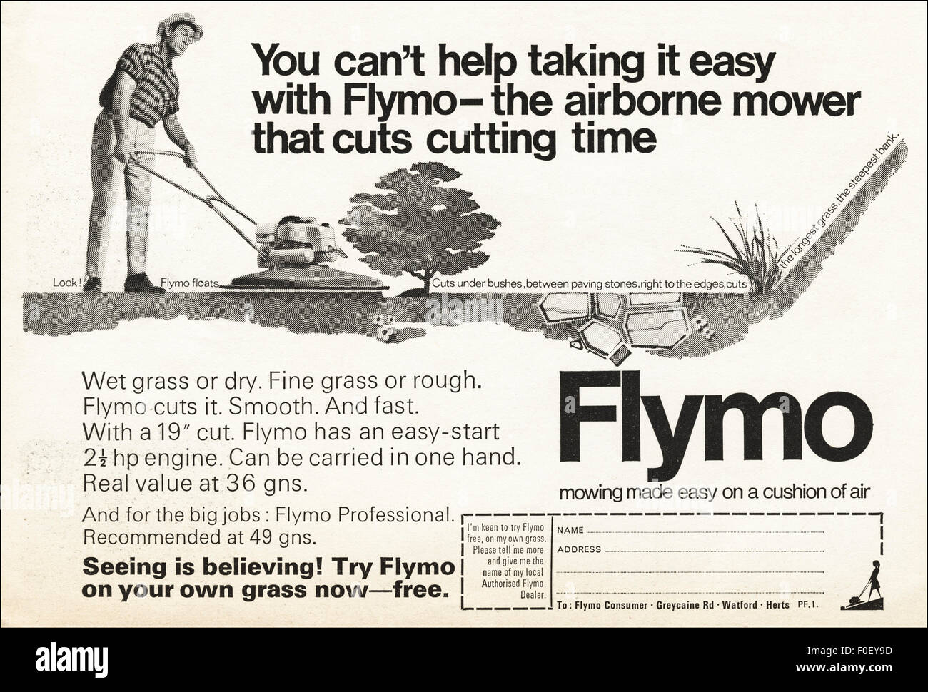 1960s advert. Magazine advertisement dated 1968 advertising Flymo hover mower. Stock Photo