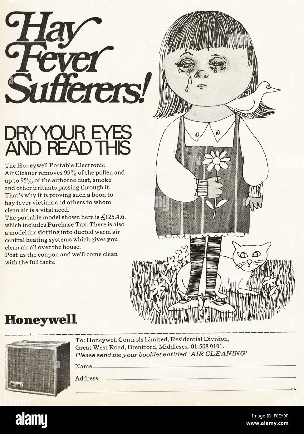 1960s advert. Magazine advertisement dated 1968 advertising Honeywell Portable Electronic Air Cleaner for hay fever sufferers. Stock Photo