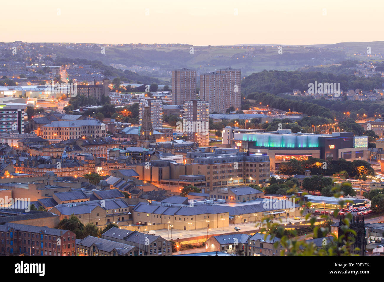 Halifax, England - august 12th, 2015: Halifax town centre at dusk with the vue cinema at broad street plaza  12th august, 2015 i Stock Photo