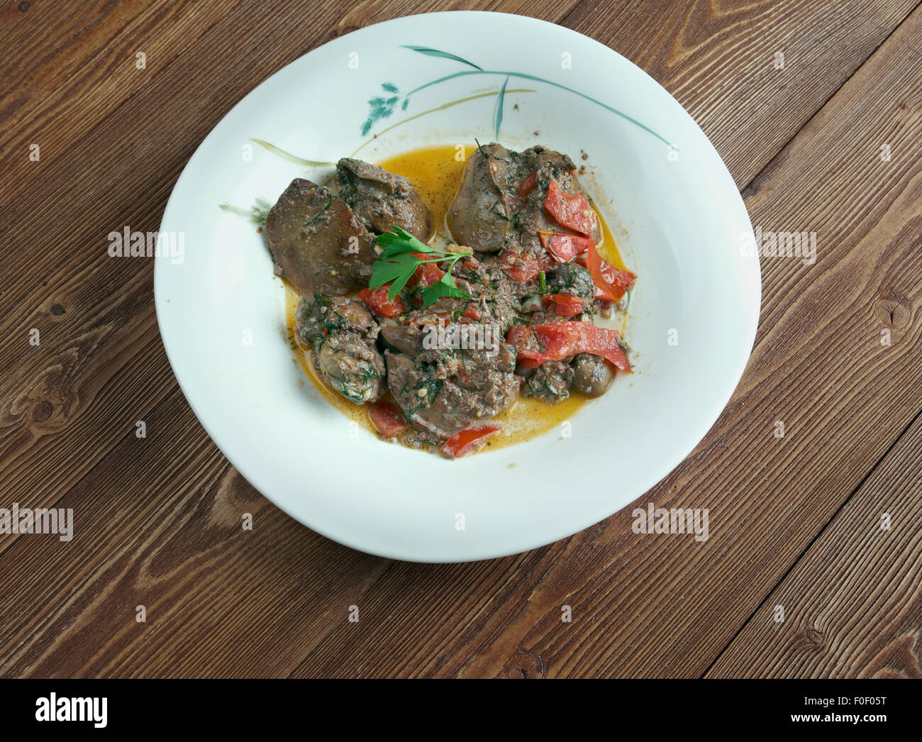 Kibed Makli - roast chicken liver . Lebanese Food Stock Photo