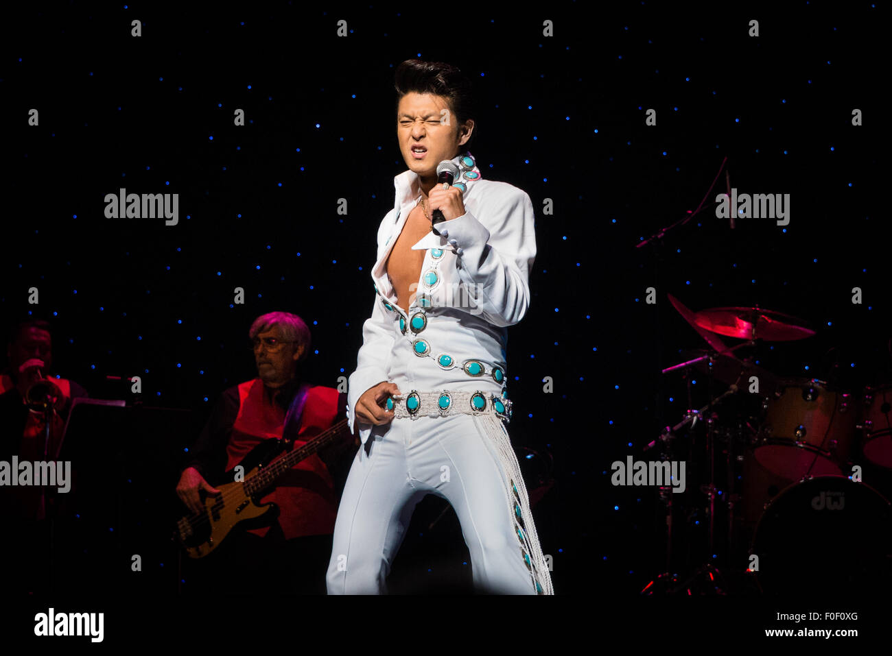 Memphis, Tennessee, USA. 12th August, 2015. Daisuke Kiryu from Kobe Harborland Japan at The 2015 Ultimate Elvis Tribute Artist Contest August 11 - 12 -13 2015 Orpheum Theatre, Memphis Tennessee Credit:  Catherine Brown/Alamy Live News Stock Photo