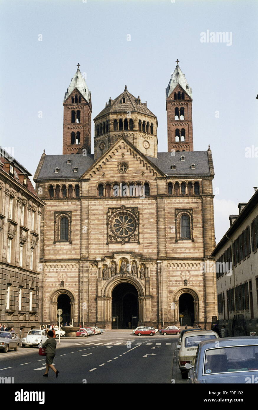 geography / travel,Germany,Rhineland-Palatinate,Speyer,churches and monasteries,cathedral of Speyer,built: 1030,rebuilt: 1758 - 1778,exterior view,1971,world cultural heritage,world heritage list,street scene,street scenes,pedestrian,pedestrians,passer-by,passerby,passers-by,crossing tower,double-towered,portal,portals,Central Germany,Germany,Central Europe,Europe,beadhouse,bedehouse,sacred building,sacred buildings,architecture,UNESCO cultural heritage,world cultural heritage site,world cultural heritage sites,world heritage,,Additional-Rights-Clearences-Not Available Stock Photo
