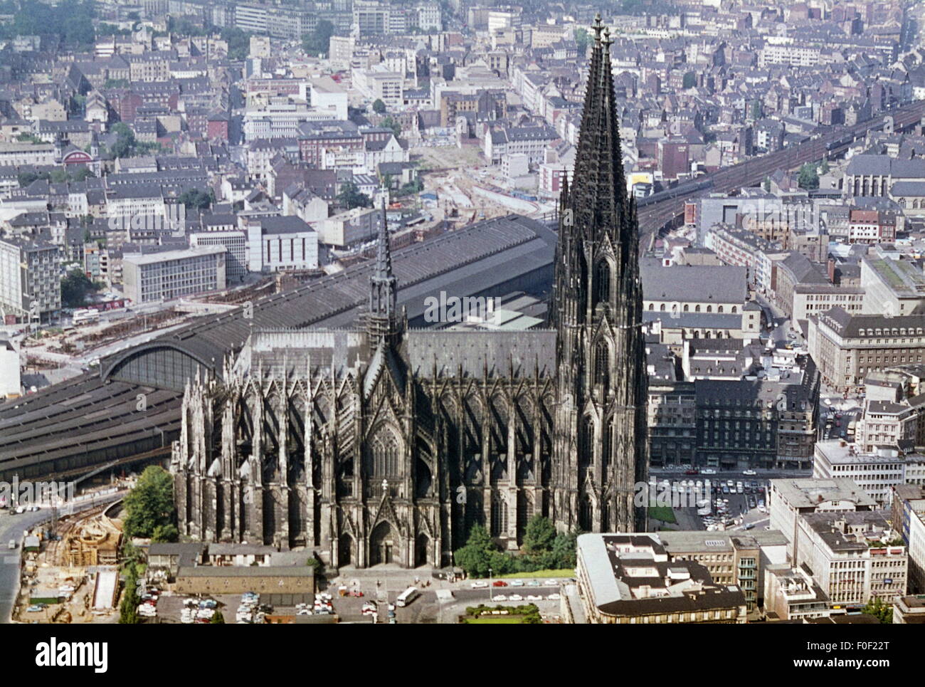 geography / travel, Germany, Cologne, city view / city views, view over the inner city with cathedral and railway line from the bird's-eye view, 1970s, Additional-Rights-Clearences-Not Available Stock Photo