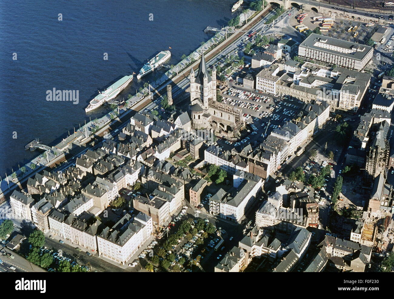 geography / travel, Germany, Cologne, city view / city views, view over the Rhine riverbank with the church St. Martin in the bird's-eye view, 1970s, Additional-Rights-Clearences-Not Available Stock Photo