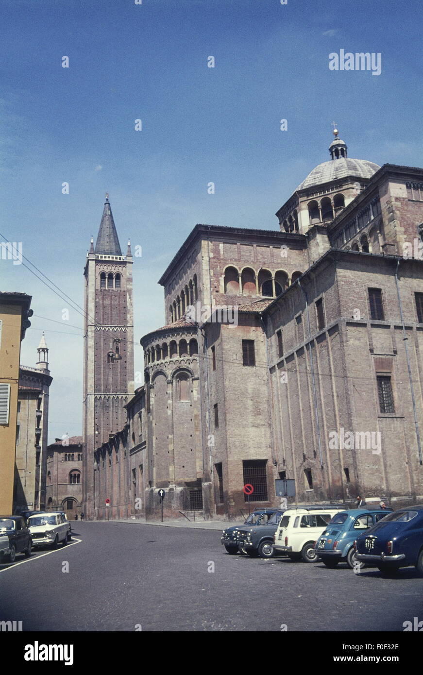 geography / travel,Italy,Parma,churches and monasteries,cathedral,built since 1046,exterior view,1967,campanile from 1294,basilica,basilicas,Romanesque,architectural style,architectural styles,style,Emilia-Romagna,old town,historic city centre,historic city center,street,streets,cars,car,churches,church,beadhouse,bedehouse,sacred building,sacred buildings,architecture,Northern Italy,Upper Italy,North of Italy,Southern Europe,Europe,1960s,60s,20th century,monasteries,monastery,cathedral,cathedrals,historic,historical,m,Additional-Rights-Clearences-Not Available Stock Photo