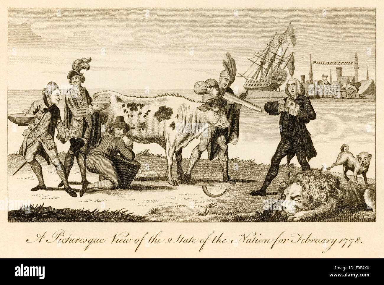'A Picturesque View of the State of the Nation for February 1778' political cartoon published in the Westminster Magazine in February 1778. On the reverse of the print is an explanation of the satirical print. See description for more information. Stock Photo