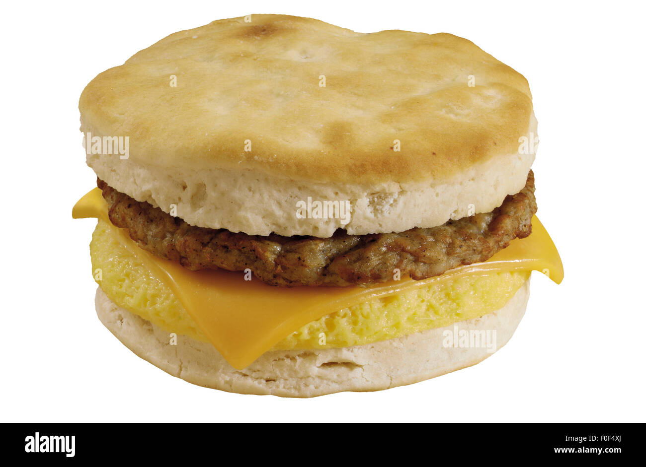 Breakfast Sandwich, Biscuit, Cheese, Scrambled Egg, Sausage Stock Photo