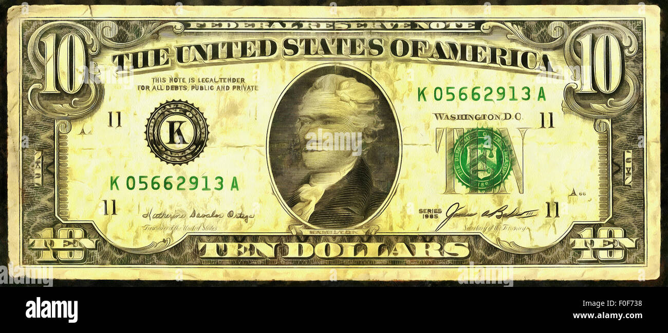 Illustrations Banknote 10 dollars USA,Currency,Portrait of the first US