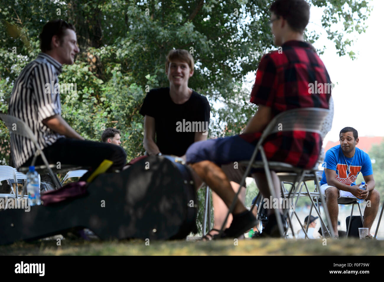 The Amnesty International NGO presents its 'live library' that has enabled school children to personally talk to members of various minorities, on Strelecky island in Prague, Czech Republic, August 14, 2015 within the Prague Pride homosexual festival. People can meet, for instance, a transgender person, a Romany, an autistic person, an Afghan woman and a HIV-positive person in the 'live library.' (CTK Photo/Michal Kamaryt) Stock Photo