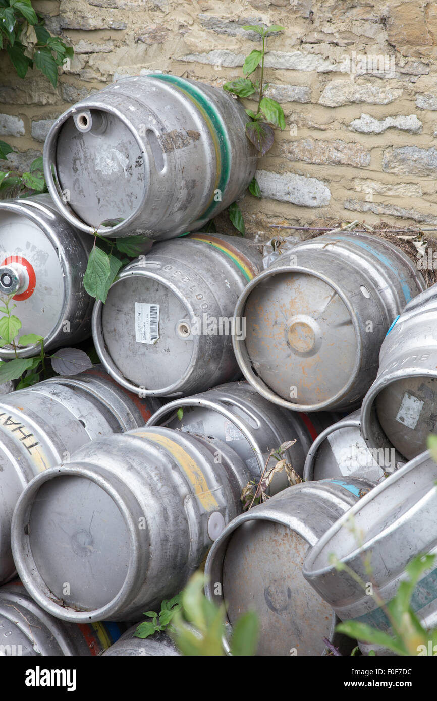 Stainless steel beer kegs outside a public house, England, UK Stock Photo