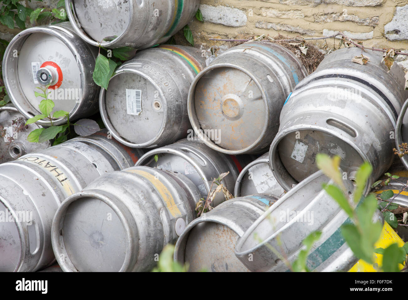 Stainless steel beer kegs outside a public house, England, UK Stock Photo