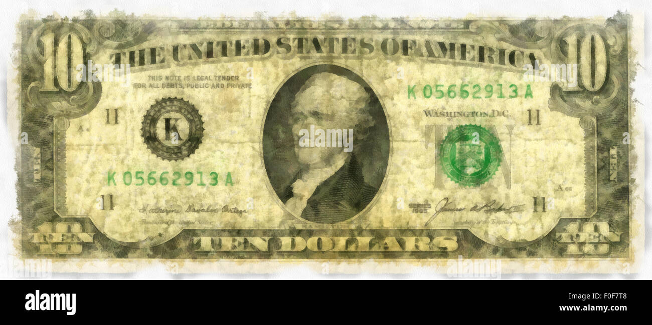 Illustrations Banknote 10 dollars USA,Currency,Portrait of the first US