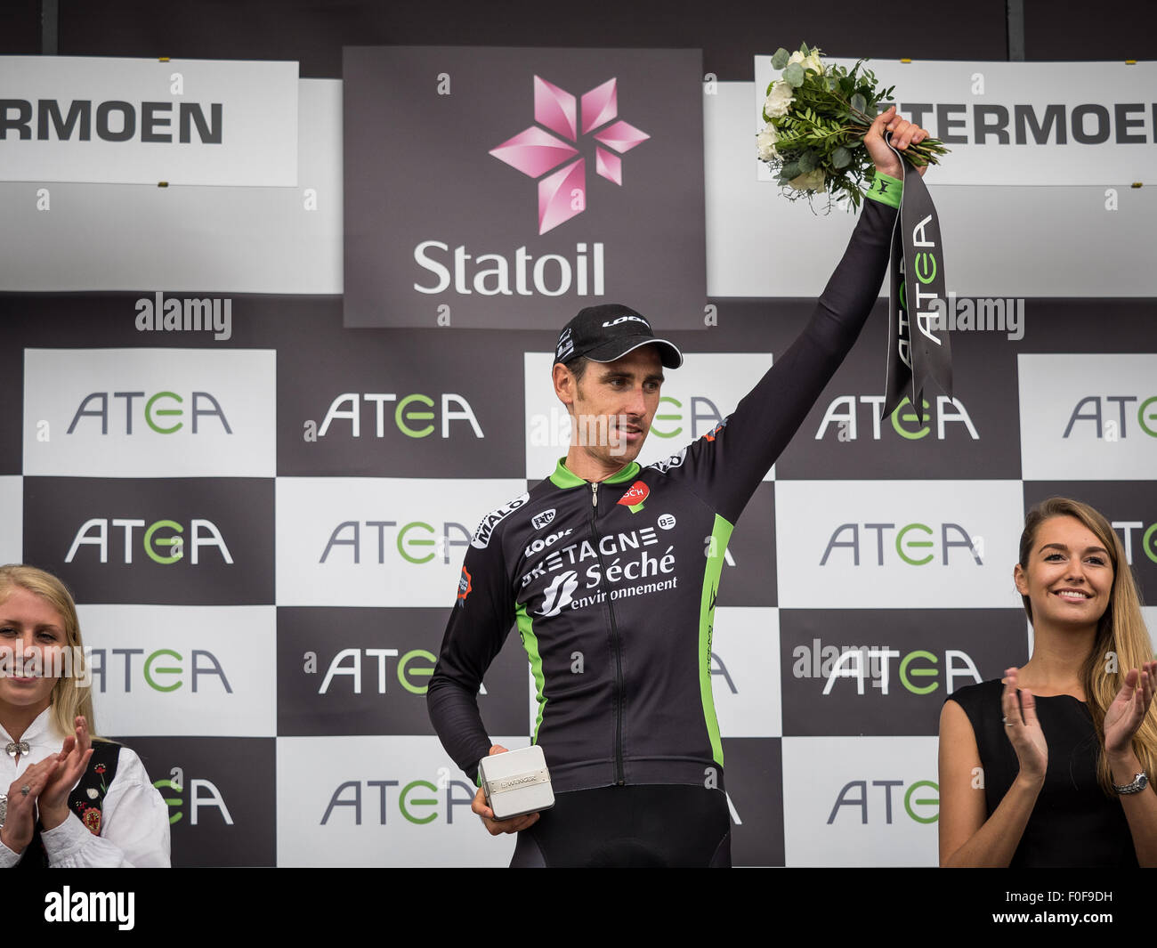 Setermoen, Norway. 14th August 2015. Jean-Marc Bideau from France cycling for Bretagne-Seche Environnement was awarded the Viking Jersey for the most aggressive rider in the 2nd stage of Arctic Race of Norway 2015. The stage was 162,5km and started in Evenskjaer and ended in Setermoen. Credit:  Ole Mathisen/Alamy Live News Stock Photo