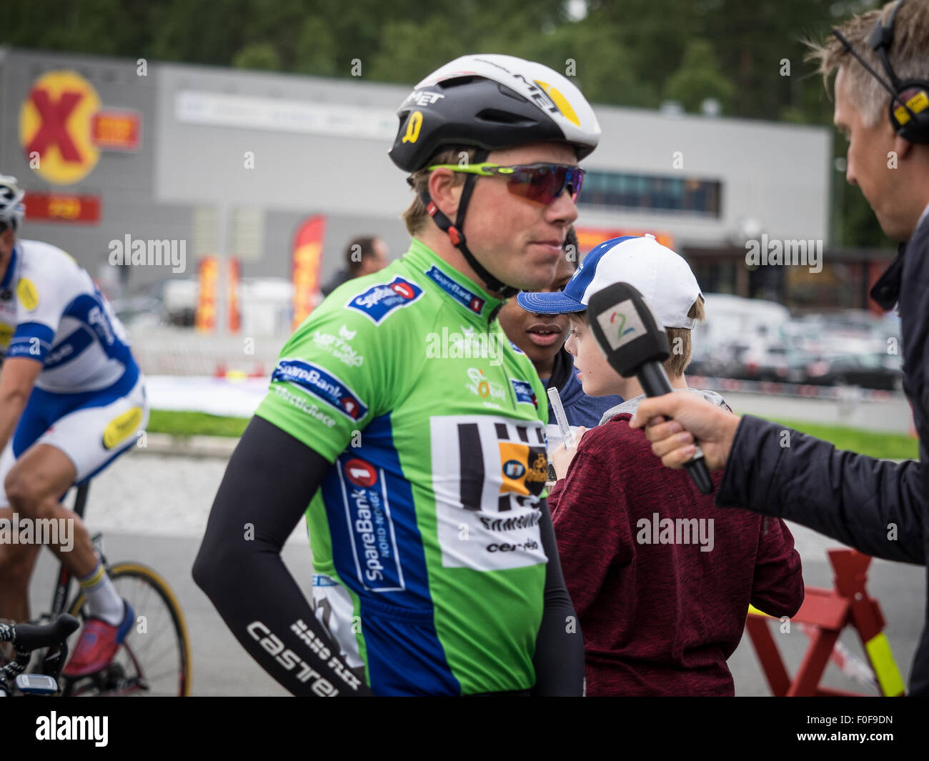 Setermoen, Norway. 14th August 2015. Edvald Boasson Hagen from Norway cycling for MTN-Qhubeka is being interviewed after the 2nd stage of Arctic Race of Norway 2015. The stage was 162,5km and started in Evenskjaer and ended in Setermoen. Credit:  Ole Mathisen/Alamy Live News Stock Photo