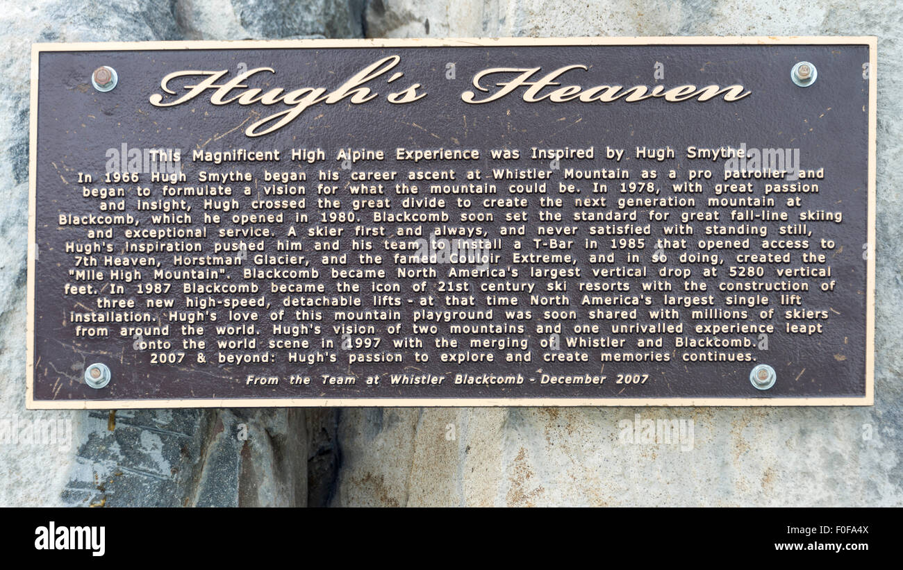 Plaque commemorating Hugh Smythe, the visionary developer of the Whistler-Blackcomb resort and ski areas Stock Photo