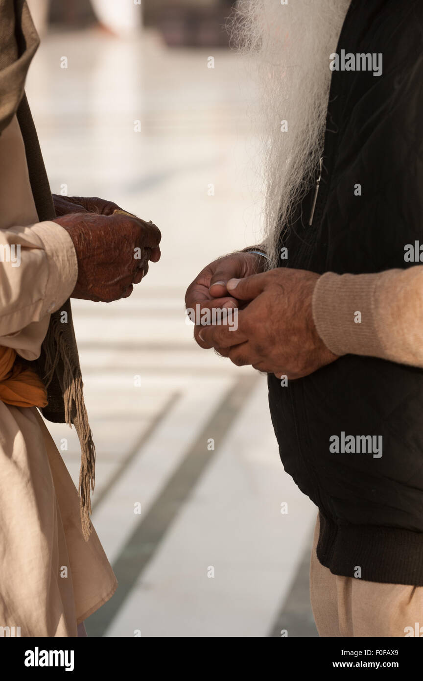 Amritsar, Punjab, India. Two old men praying, their hands clasped close together, one with a long beard. Stock Photo