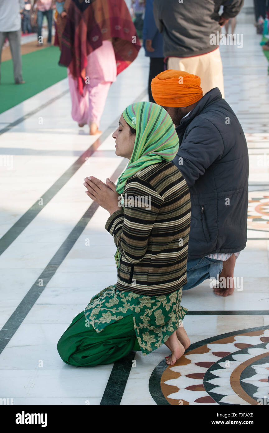 Amritsar, Punjab, India. A man and a woman praying on their knees at the Golden Temple. Stock Photo