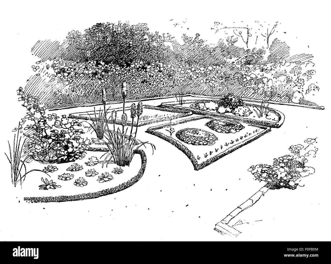 Ornamental garden engraving.Ornamental gardens use plants designed more for their aesthetic pleasure and appearance,flowering plants and bulbs in addition to foliage plants, ornamental grasses, shrubs and trees. Stock Photo