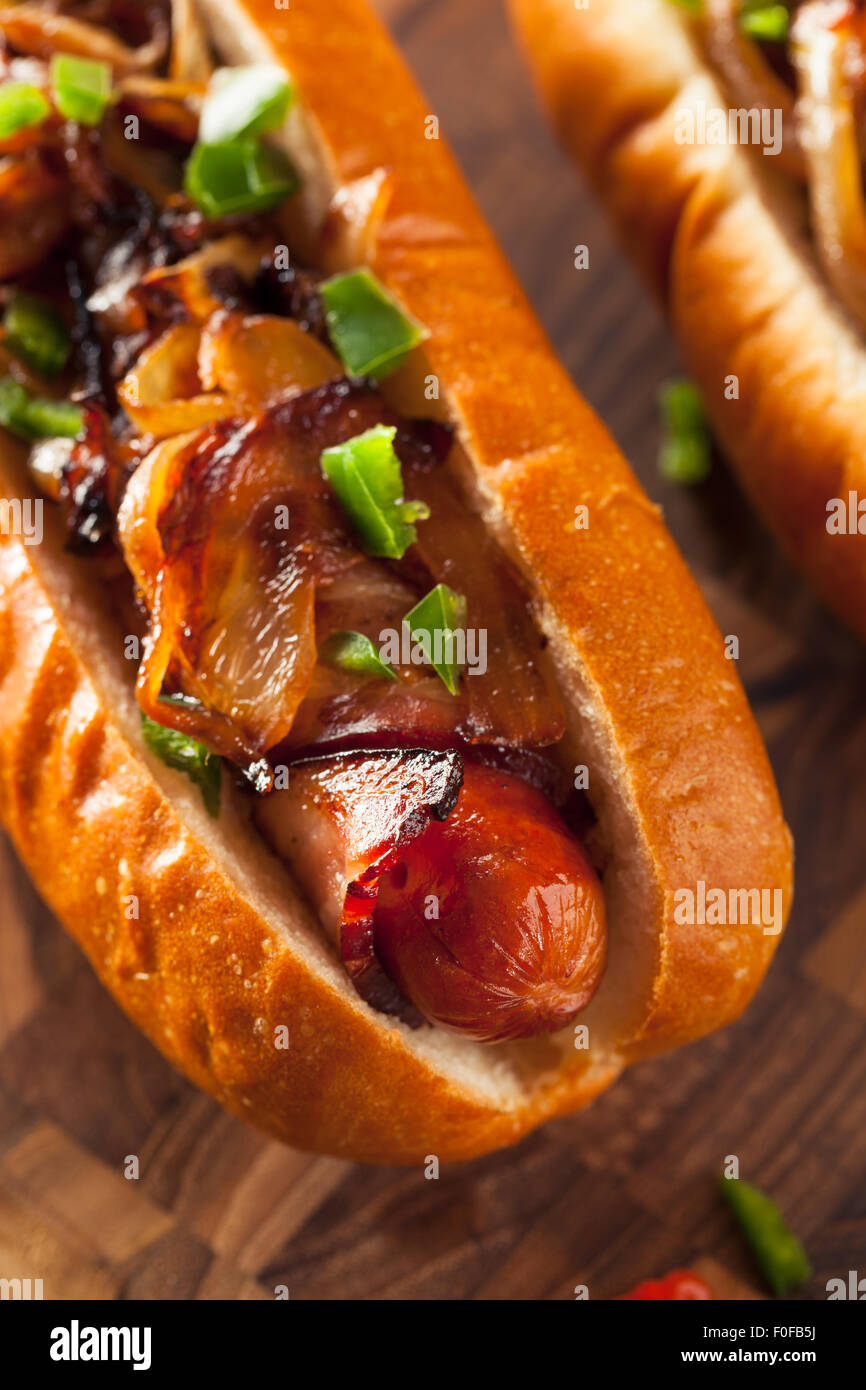 Homemade Bacon Wrapped Hot Dogs with Onions and Peppers Stock Photo Alamy