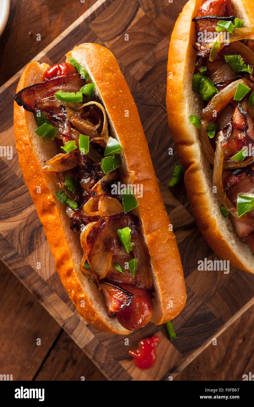 Homemade Bacon Wrapped Hot Dogs with Onions and Peppers Stock Photo Alamy