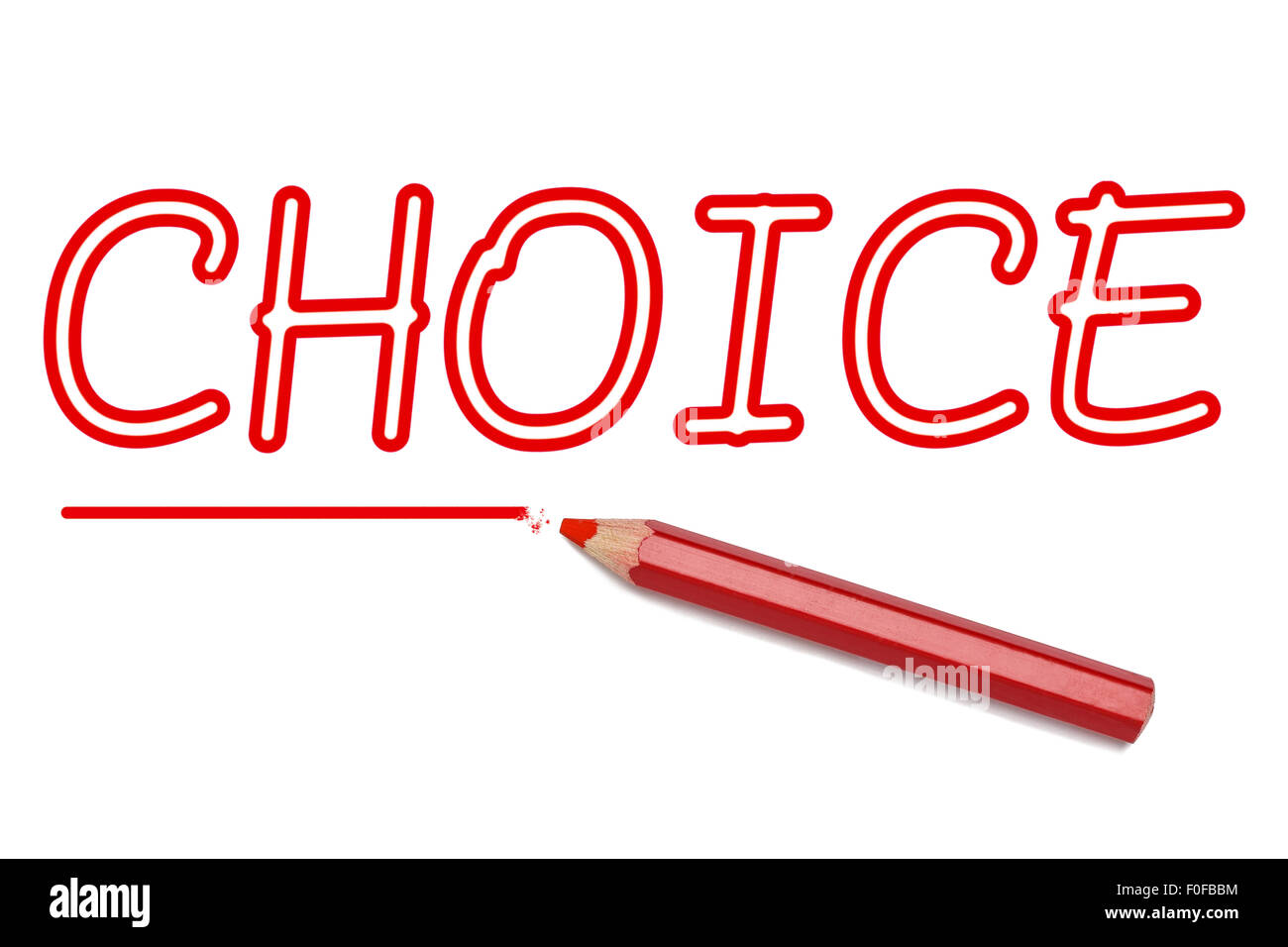Choice text outline draw red pencil isolated on white background. Concept business, choice, decision, vision. Stock Photo