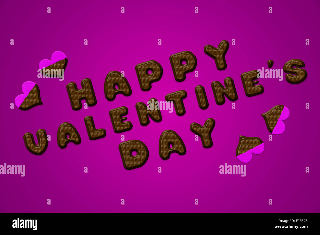 Happy valentine's day text and hearts in chocolate for valentine day. Illustration on purple background with pink icing. Stock Photo