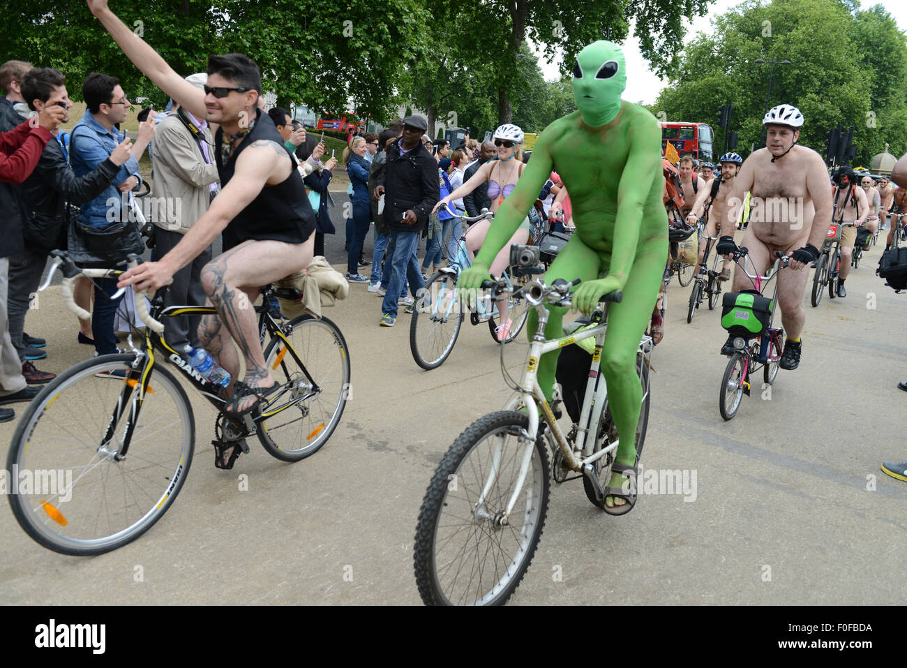 World Naked Bike Ride in London  Featuring: Atmosphere Where: London, United Kingdom When: 13 Jun 2015 Stock Photo