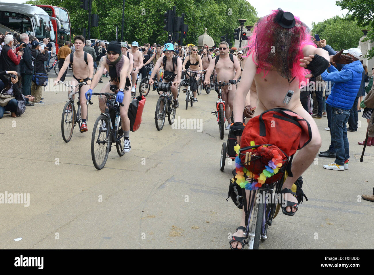 London, UK. 14h August 2021. Hundreds of naked cyclists took to the streets  of London for the annual World Naked Bike Ride. The global event was  created in 2004 to protest against