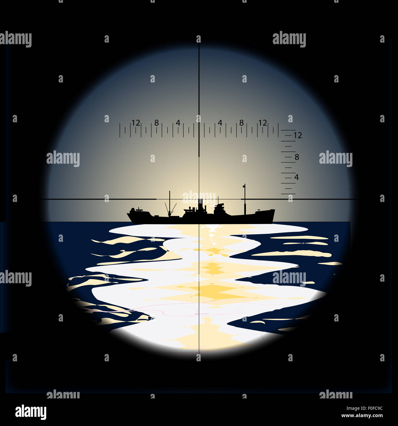 Submarine periscope view of a transport ship Stock Photo