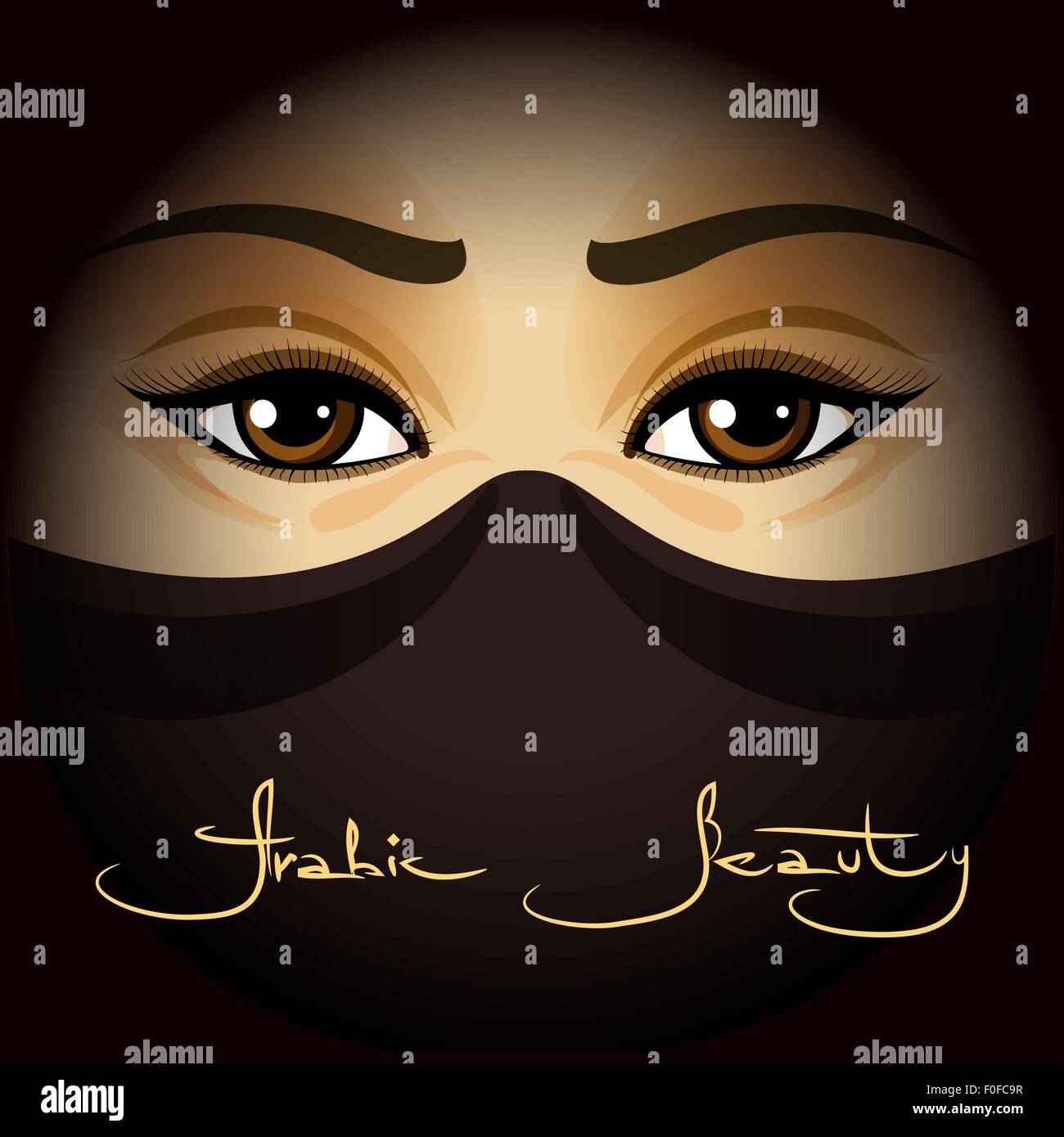The eyes of arabic muslim woman in  with handmade lettering Arabic Beauty. Colorful illustration. Stock Vector