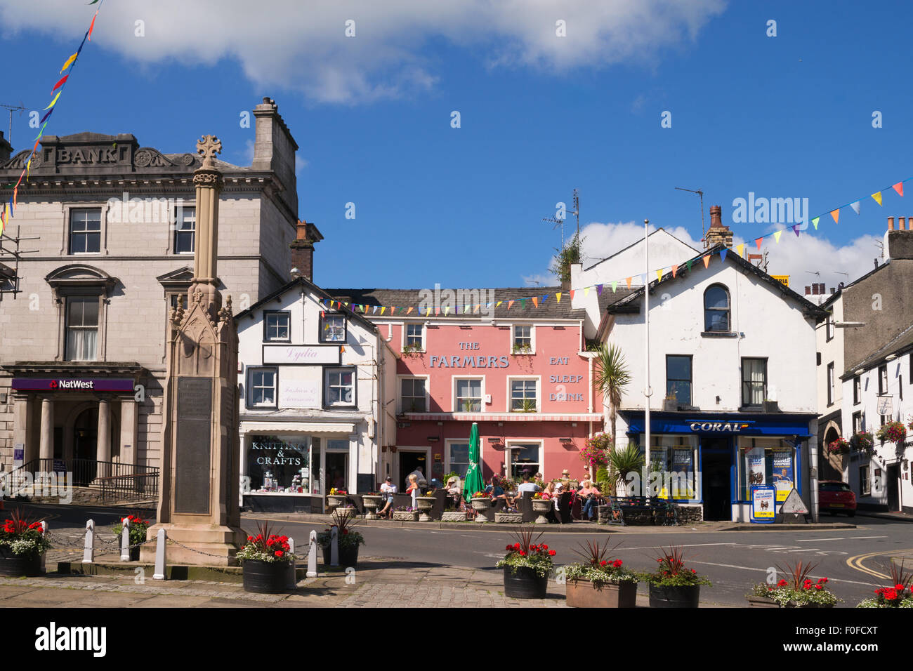 Ulverston market cross and town centre, South Lakeland, Cumbria, England, UK Stock Photo