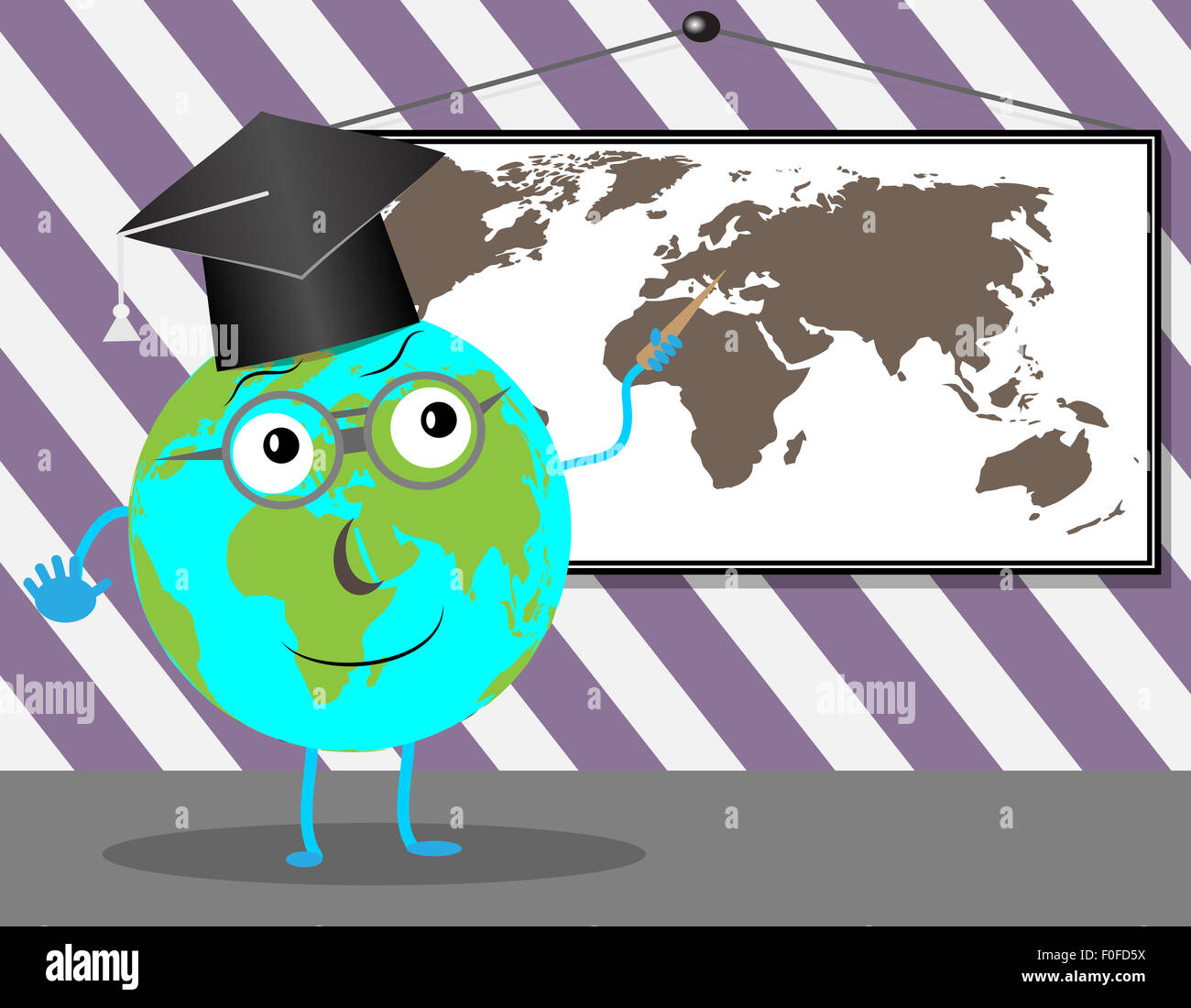 Cartoon Globe teaches geography. Education school and earth, teaching and learning, world planet, vector graphic illustration Stock Photo