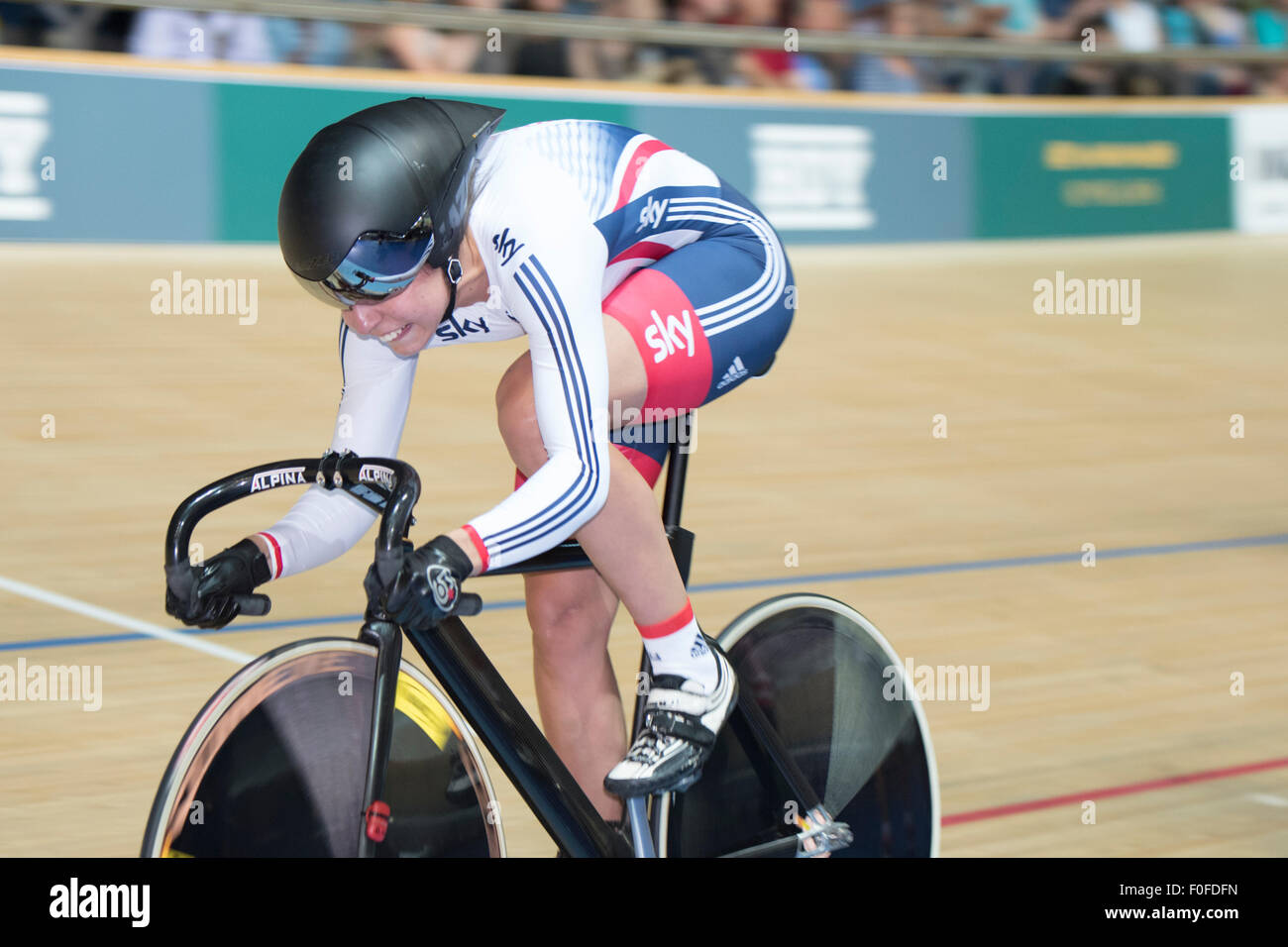 Derby, UK. 14th Aug, 2015. Dannielle Khan competes in the 500m time trial at the Revolution Series at Derby Arena, Derby, United Kingdom on 14 August 2015. The Revolution Series is a professional track racing series featuring many of the world's best track cyclists. This event, taking place over 3 days from 14-16 August 2015, is an important preparation event for the Rio 2016 Olympic Games, allowing British riders to score qualifying points for the Games. Credit:  Andrew Peat/Alamy Live News Stock Photo