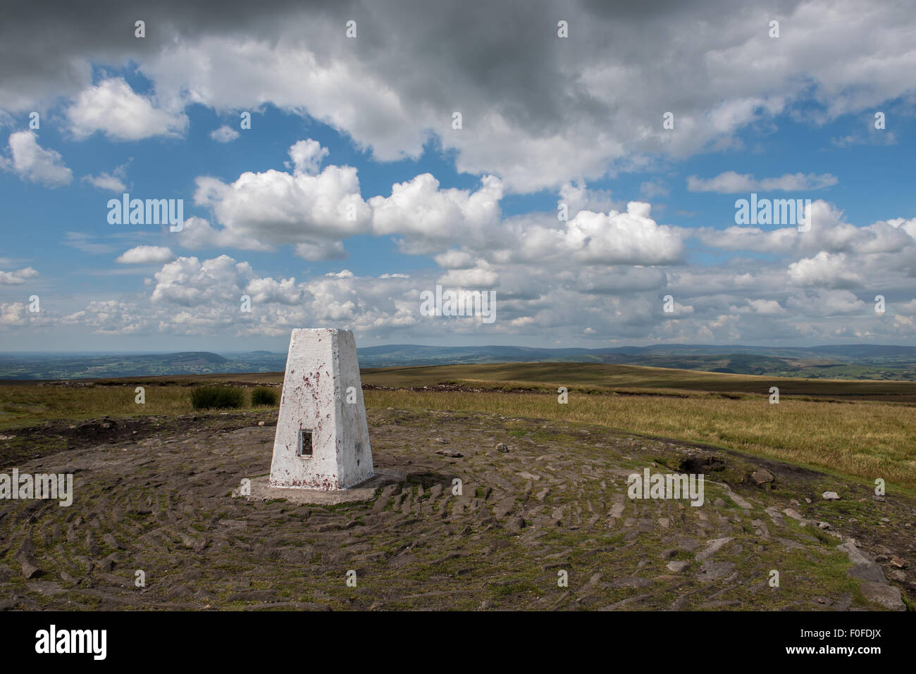 Trig point on summit of Pendle Hill Stock Photo