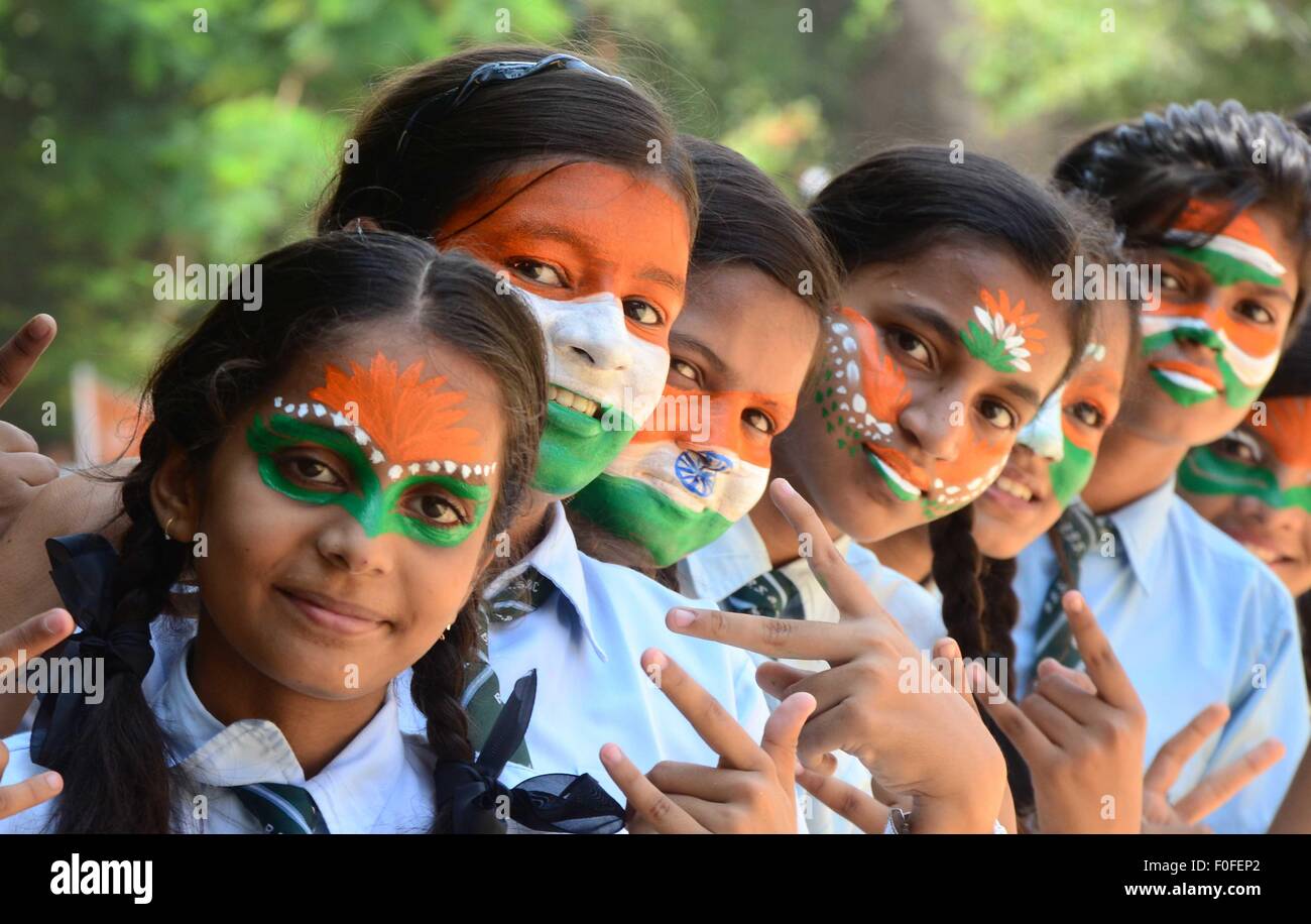 Aug. 14, 2015 Allahabad School girls paint their face with tricolor