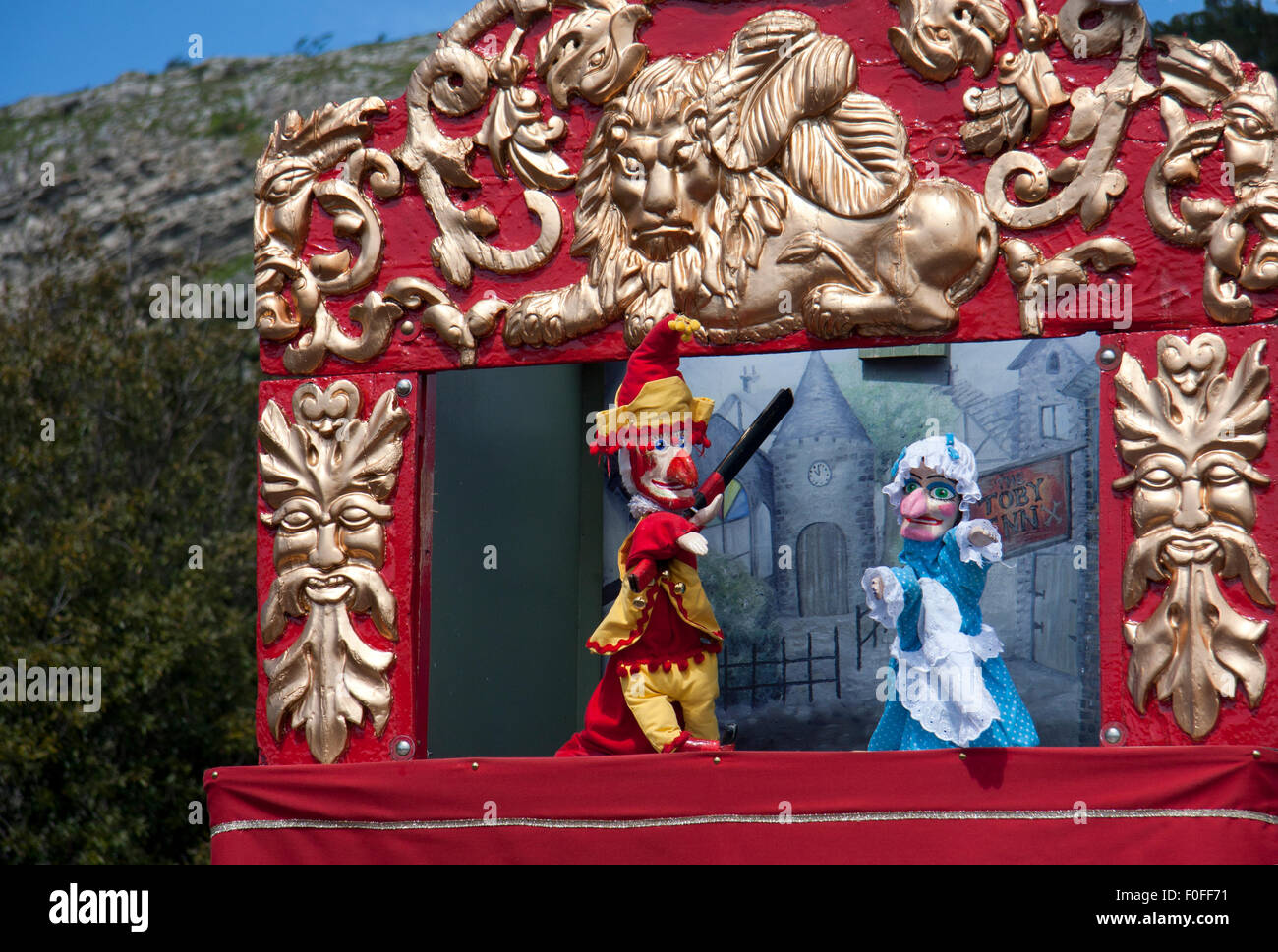 Traditional Punch and Judy at Llandudno Victorian Extravaganza in May 2015, with the Great Orme