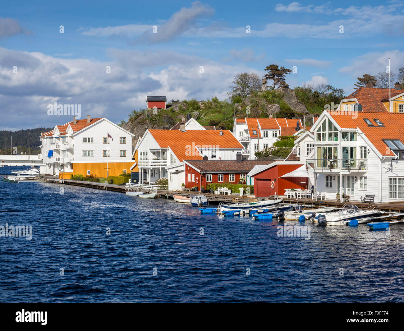 White houses in Mandal, at tbe famous Mandal river famous for salmon fishing, norwegian coast, Mandal, Vest-Agder, Norway Stock Photo