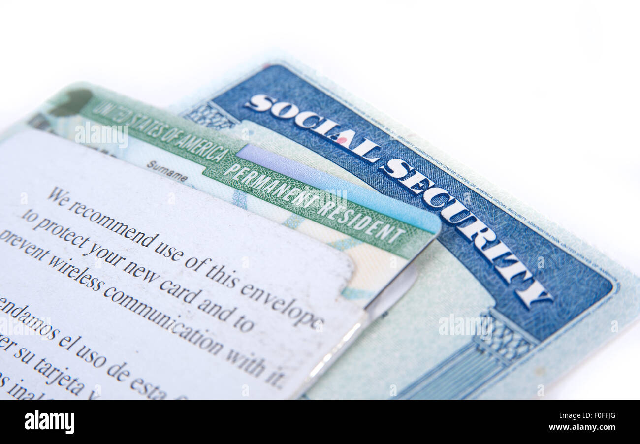 United States of America social security and green card on white background Stock Photo