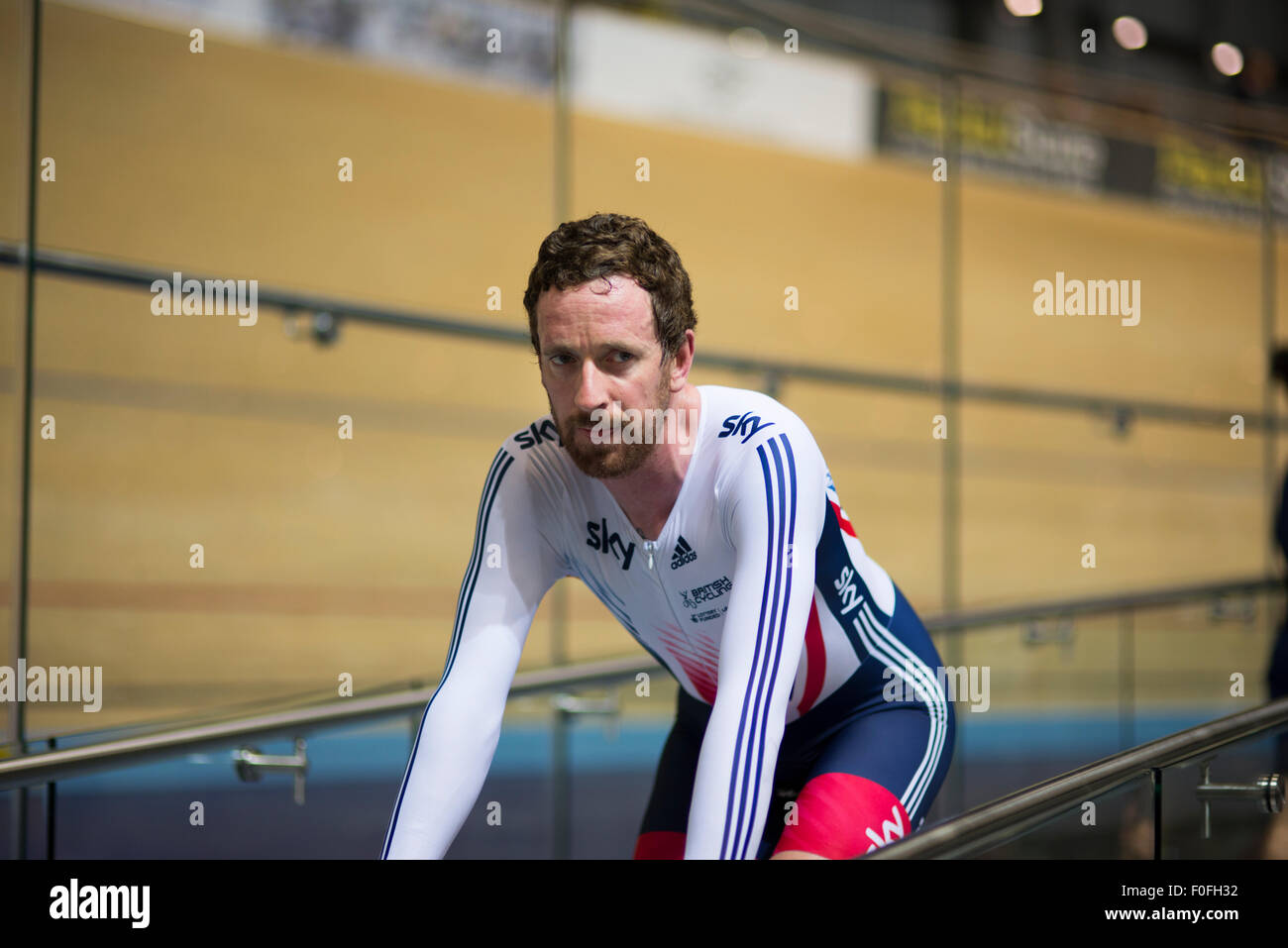 Sir Bradley Wiggins warms down after the team pursuit final at the Revolution Series at Derby Arena, Derby, United Kingdom on 14 August 2015. The Revolution Series is a professional track racing series featuring many of the world's best track cyclists. This event, taking place over 3 days from 14-16 August 2015, is an important preparation event for the Rio 2016 Olympic Games, allowing British riders to score qualifying points for the Games. Stock Photo