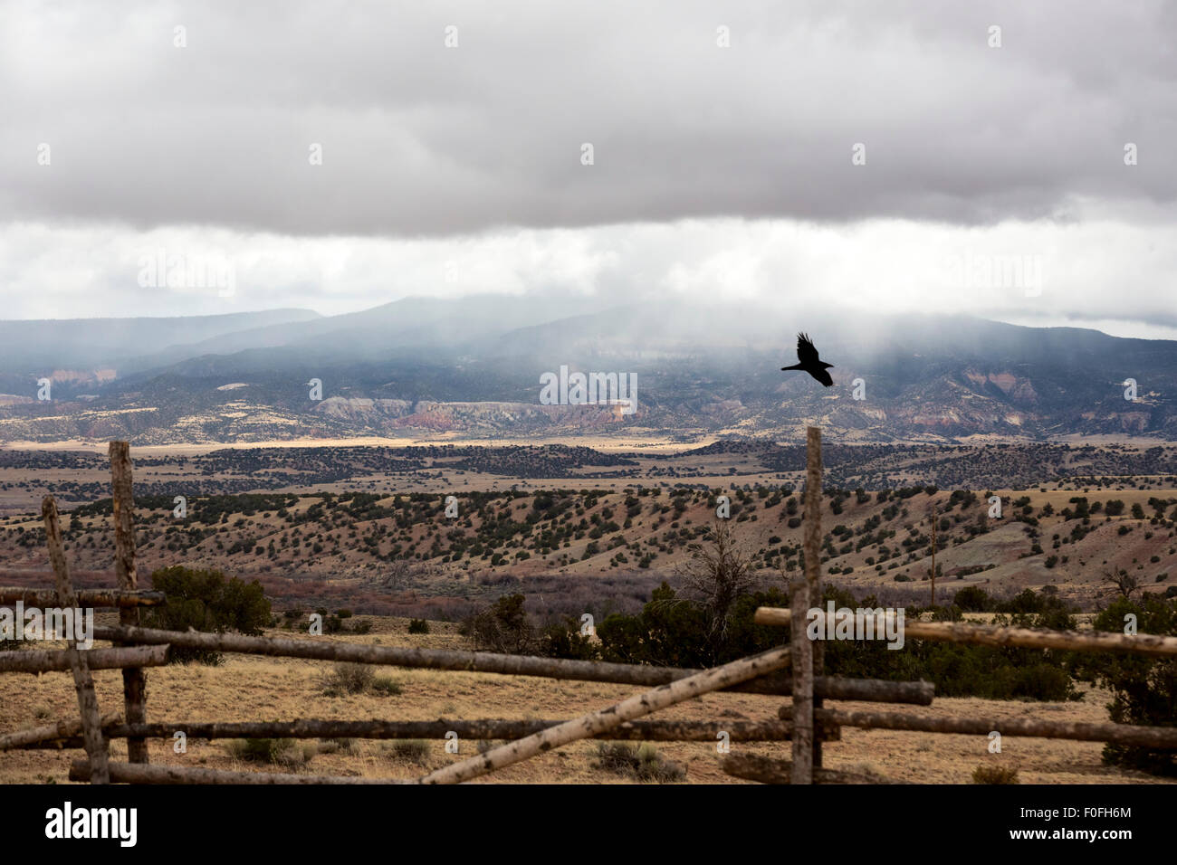 Foreground fence partially frames a dramatic Southwestern scene with colorful hills and a raven flying out of the frame. Stock Photo