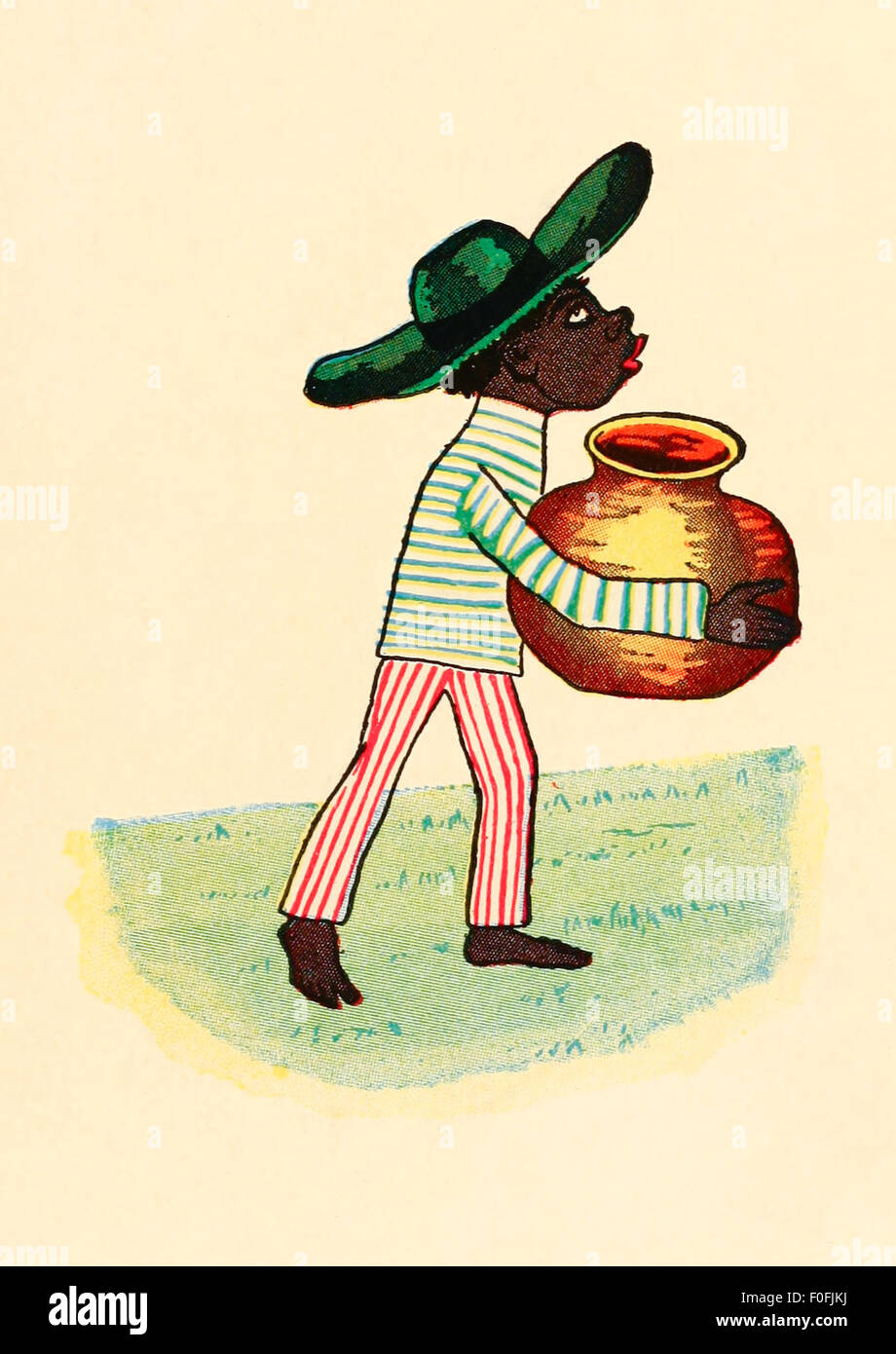 Black Jumbo with his big brass pot collects the Tiger butter. Image from 'The Story of Little Black Sambo' by Helen Bannerman. See description for more information. Stock Photo