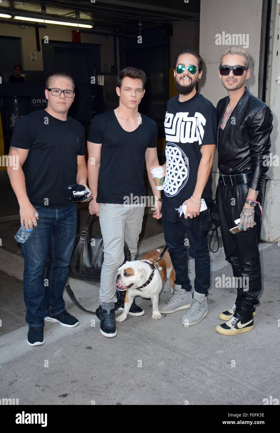 New York, NY, USA. 14th Aug, 2015. Tokio Hotel: Gustav Scha?fer, Georg Listing, Tom Kaulitz, Bill Kaulitz (and Bill's dog Pumba) out and about for Celebrity Candids - FRI, New York, NY August 14, 2015. Credit:  Derek Storm/Everett Collection/Alamy Live News Stock Photo