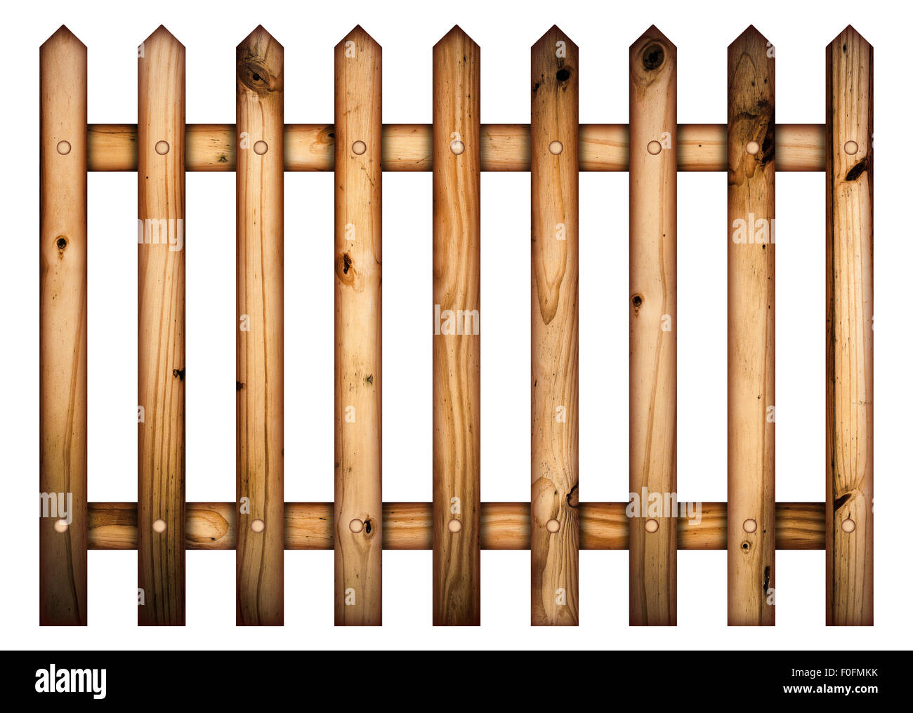 Wooden picket fence isolated on a white background. Stock Photo